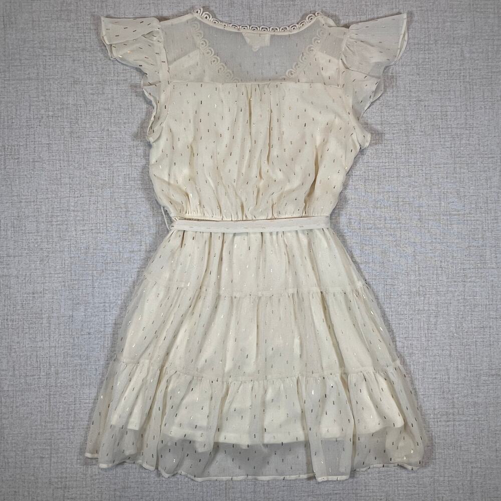 Sweet Wanderer Boho Midi Dress Cream Ruffle Sleeve Tie Waist Gold Size L - Picture 3 of 8